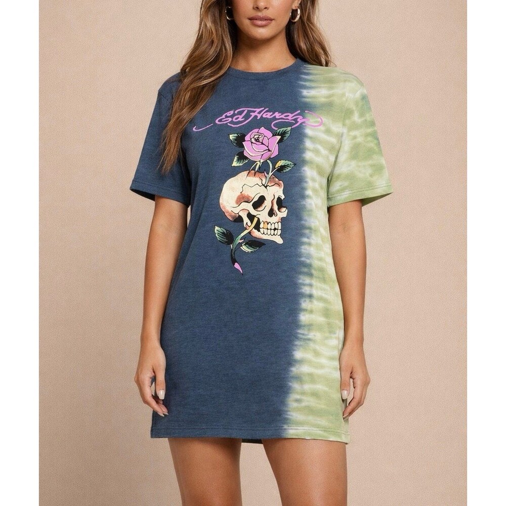 NWT Ed Hardy Women’s S/M Shirt Dress with Scull Flower Tye Dye y2k